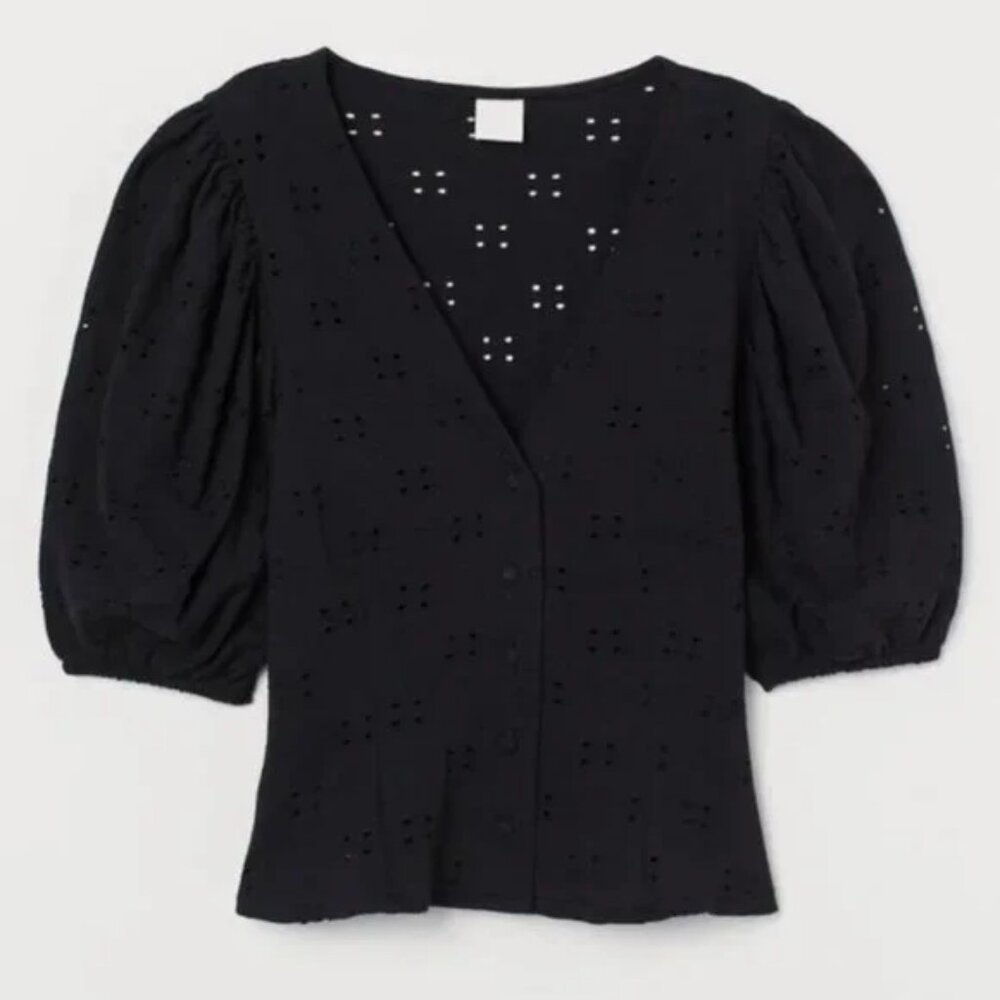 H&M Black Eyelet Puff Sleeve Blouse Stretch Jersey V-Neck - XS